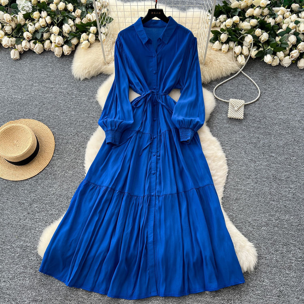 Luxury french style polo neck lantern sleeve shirt dress - women's summer tie-waist maxi dress - ethereal & stunning elegant long dress
