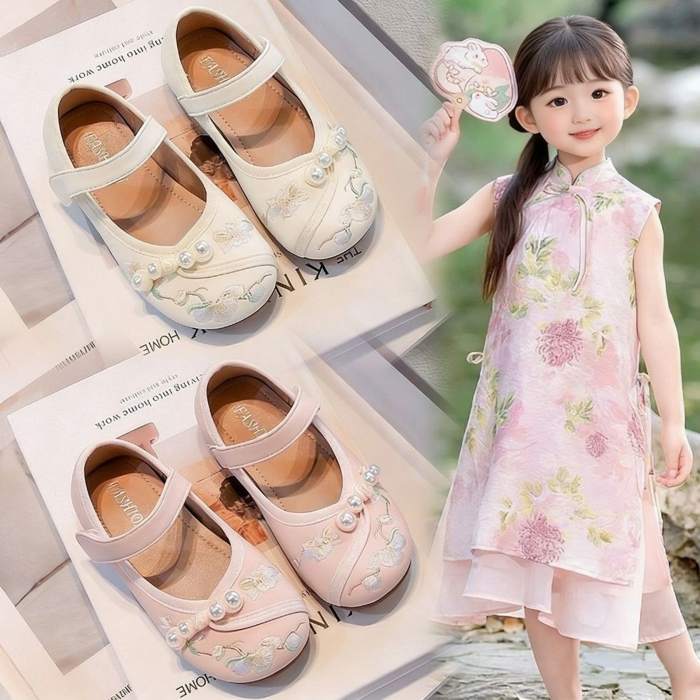 Girls' hanfu shoes -  summer new collection: children's princess flats, traditional chinese style, embroidered shoes for girls, trendy leather shoes (suitable for matching with horse-faced skirts)