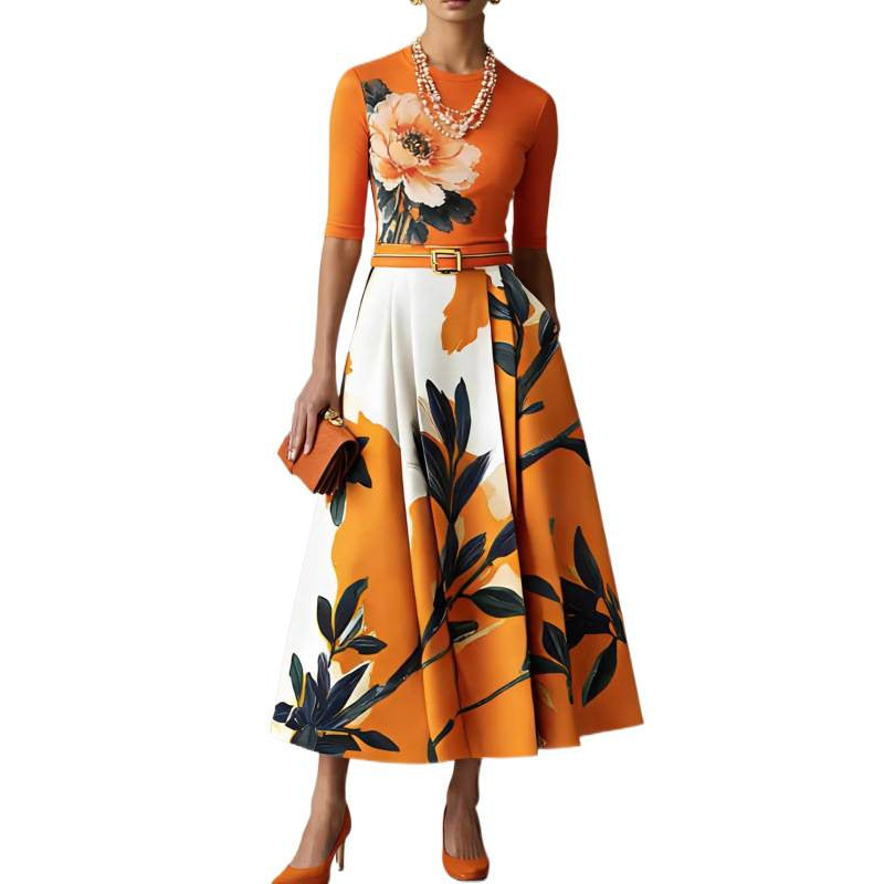 Amazon european style retro chic elegant minimalist round neck t-shirt women's summer new skirt two-piece set