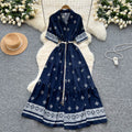 summer women's vintage-inspired short-sleeve tie-waist single-breasted printed dress - slimming maxi dress