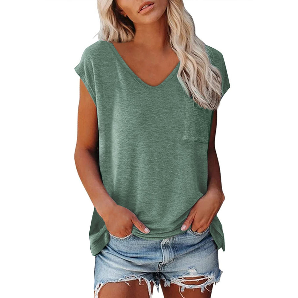 Amazon fashion women's cap sleeve vest summer cross-border v neckpure colorcasualloose short sleeve