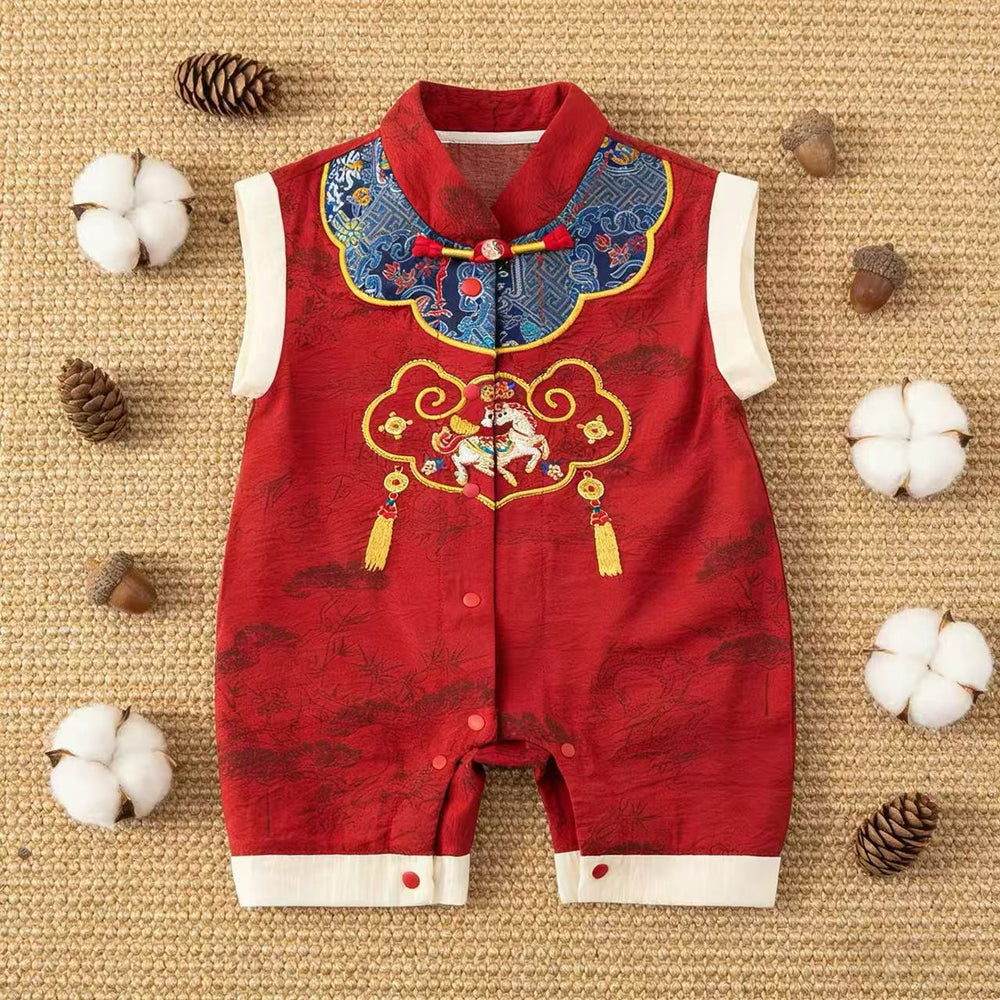 Red full moon baby boy clothes summer jumpsuit boy 100-day banquet 100-year-old banquet baby one-year-old catch zhou dress