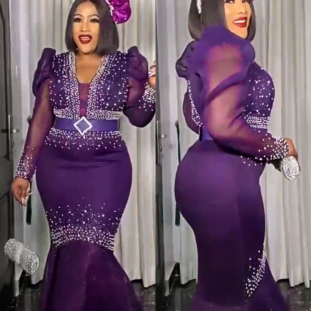 new european and american style sexy rhinestone embellished bodycon dress african women's plus size  floor-length maxi dress