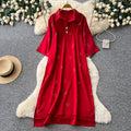 Light mature french style red printingdress women's summer diamond bows short-sleeved lapel slimming lookelegantwork clothing skirt