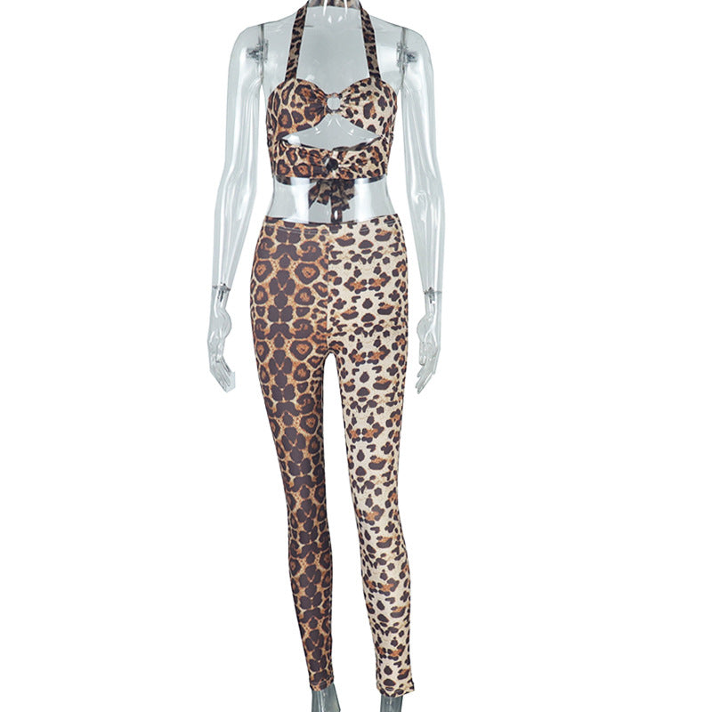 European and american style ins foreign trade women's fashion leopard print set sexy bandeau cami top and pants two-piece suit
