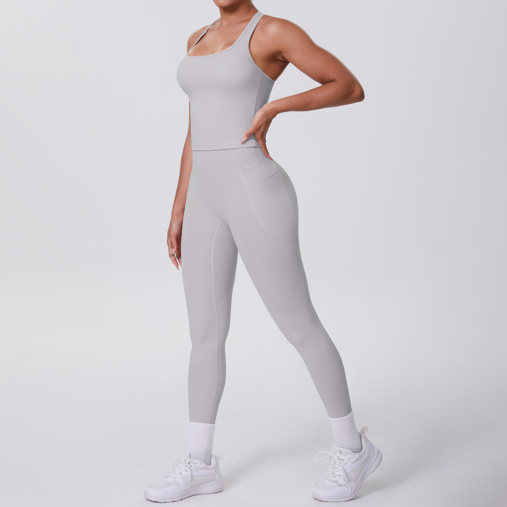 fashion brushed pure color tight racerbackflap pocket pants sports suit running fitness yoga clothes two-piece set