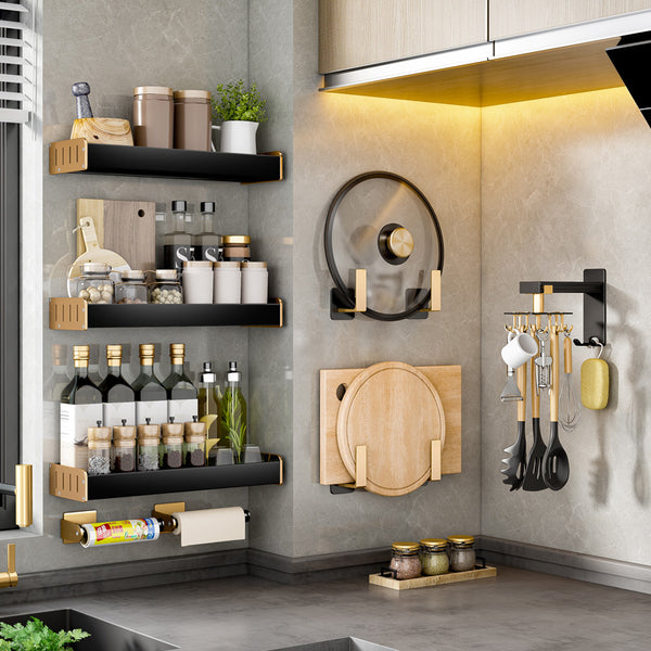 Kitchen rack Wall-mounted non-punching light luxury black gold space aluminum pendant Knife holder Cutting board Seasoning storage hanger