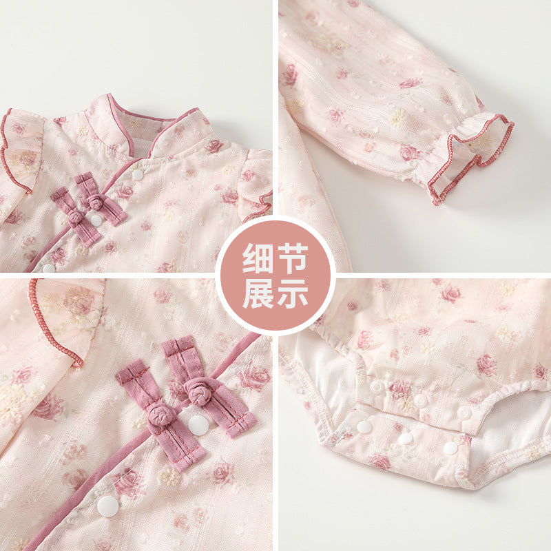 New chinese style baby romper - autumn outfit for baby girls - floral print, frog closures, flutter sleeves, spring/autumn long-sleeve bodysuit