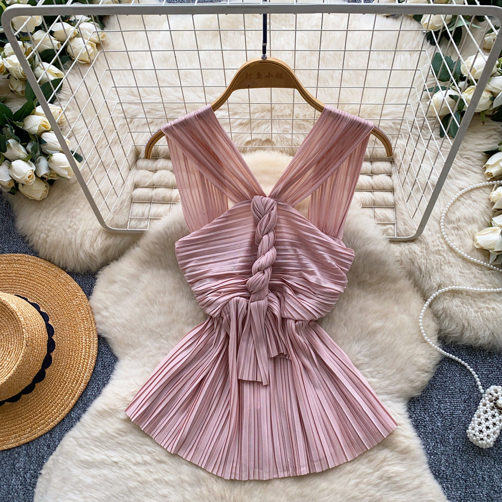 French pleated work clothing style halter suspender women's summer silmslimming look hot girl eleganttopsclassy sense vest