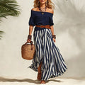 spring/summer new european and american cross-border nautical resort style off-shoulder top and slit skirt women's set
