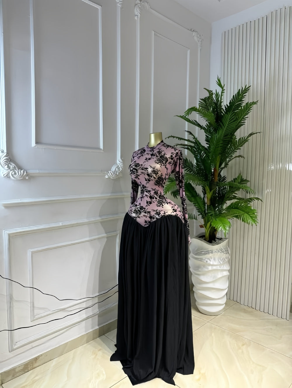 European and american cross-border women's winter  new arrival: long-sleeved stand collar slim-fit patchwork pleated maxi dress - elegant style