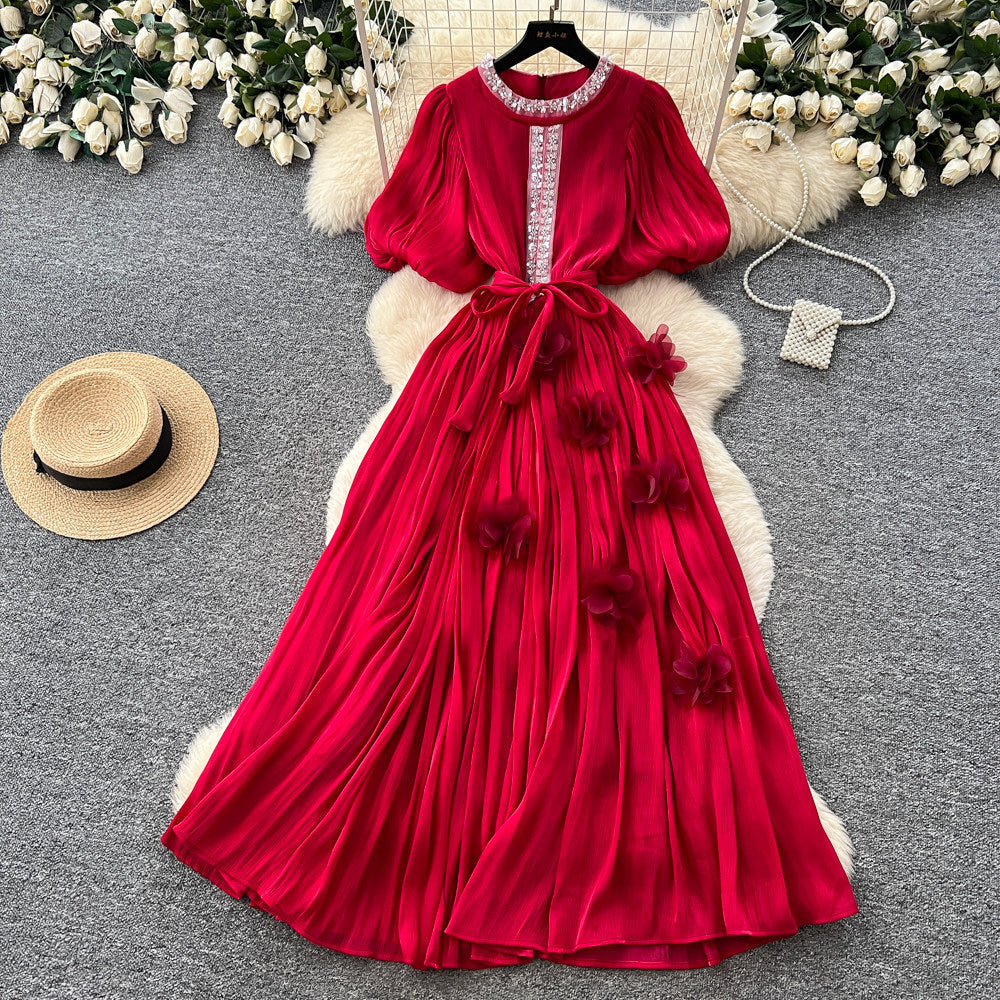 French heavy industry diamond-encrusted red elegantdress women's summerk-style waist slimming lookelegant thousand gold style long skirt