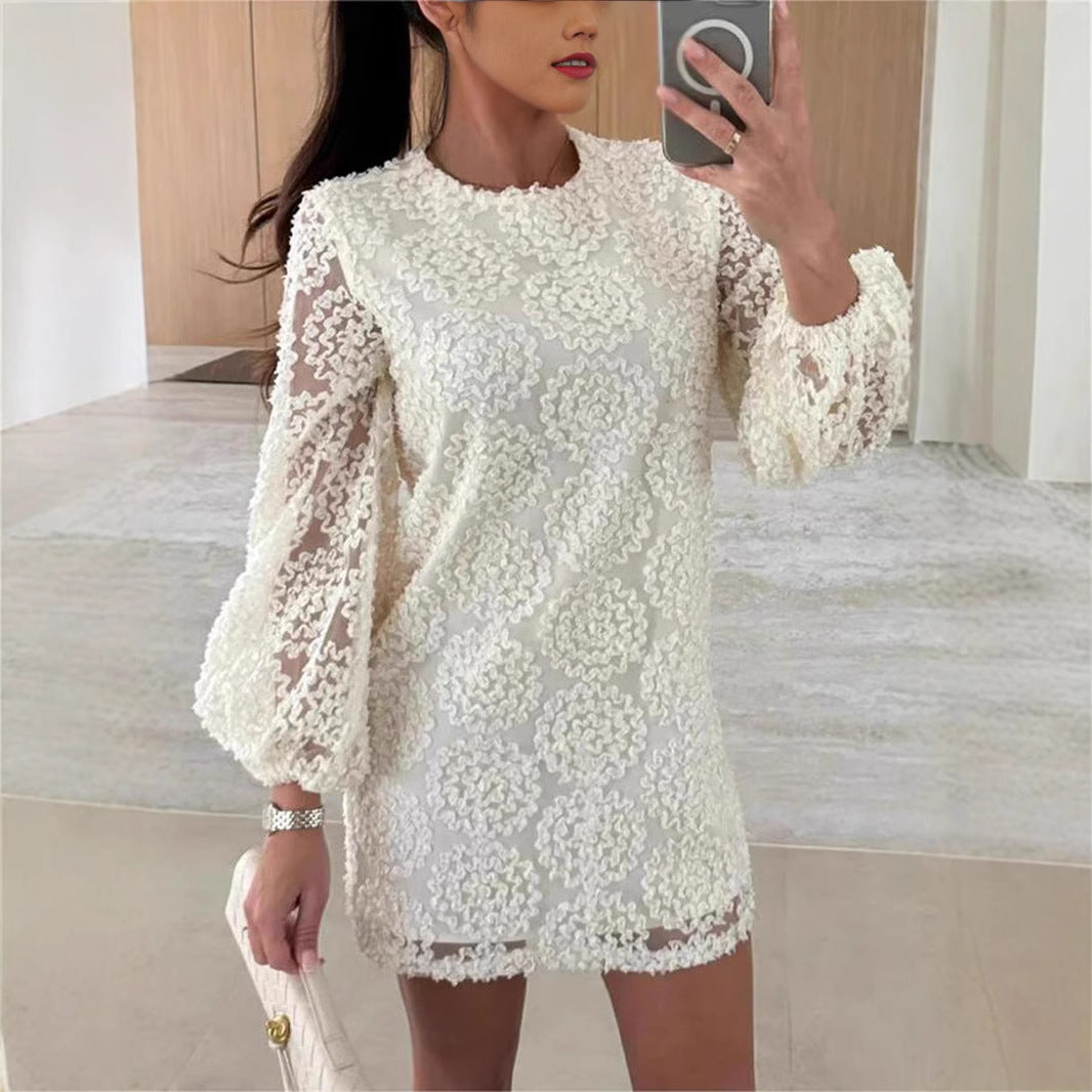 2025 European and American  new love attention lace textured fabric balloon sleeves loose mini dress