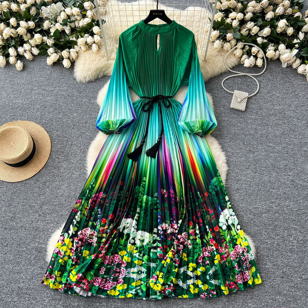 European and american niche style printed dress - women's new autumn collection - tie-waist, lantern sleeves, pleated, maxi dress with a-line skirt