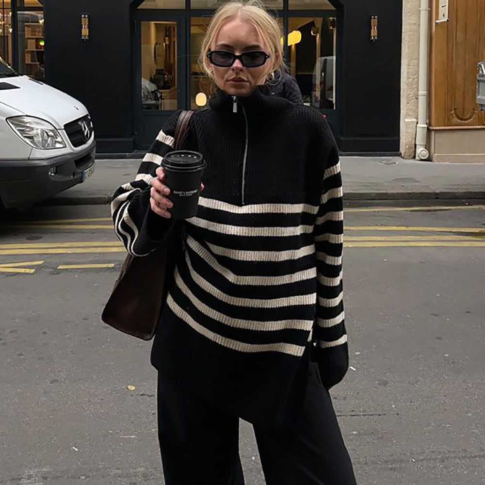 European and american women's clothing  fall/winter new arrivals:  cross-border casual turtleneck striped zipper pullover knit sweater
