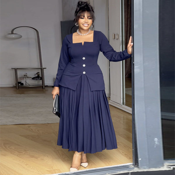 European and American  women's clothing 2025 summer new fashionable and elegant square neck long-sleeved slim pleated skirt dress set