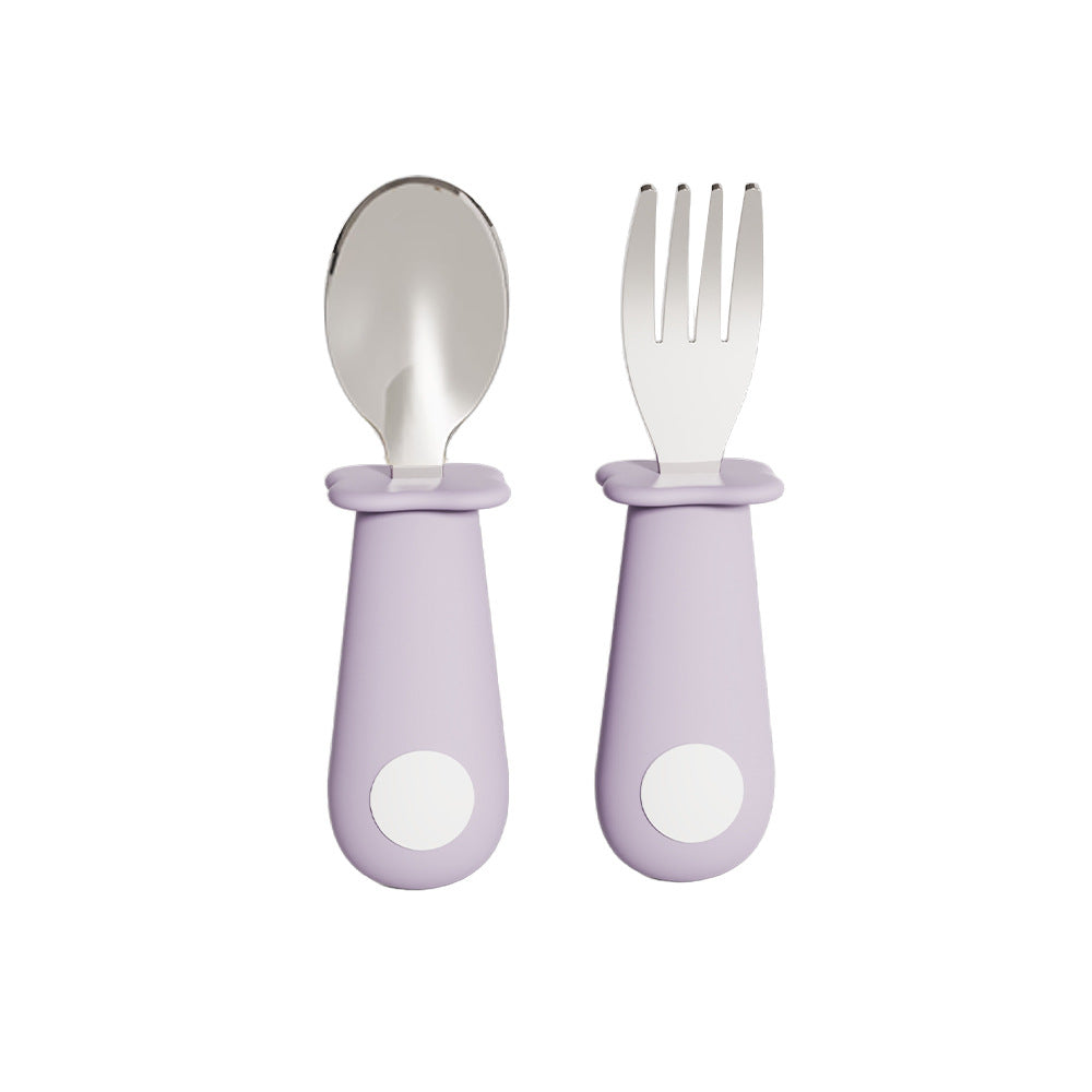 Newborn baby silicone handle spoon & 316 stainless steel short handle fork set - baby feeding utensil set