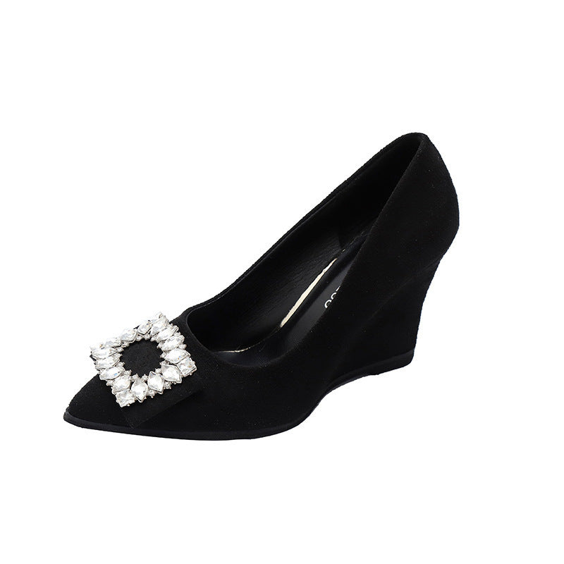 2025 new pointed-toe black heels with square buckle and rhinestone embellishments - french style, stiletto heel, elegant and versatile pumps