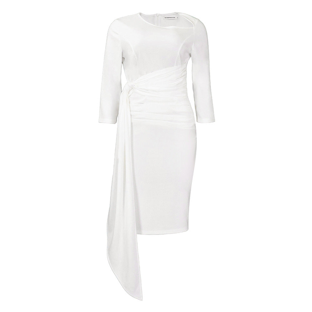 D3168  women's clothing  fall/winter new arrival solid color ol style elegant commute pleated tie-up dress - european and american style