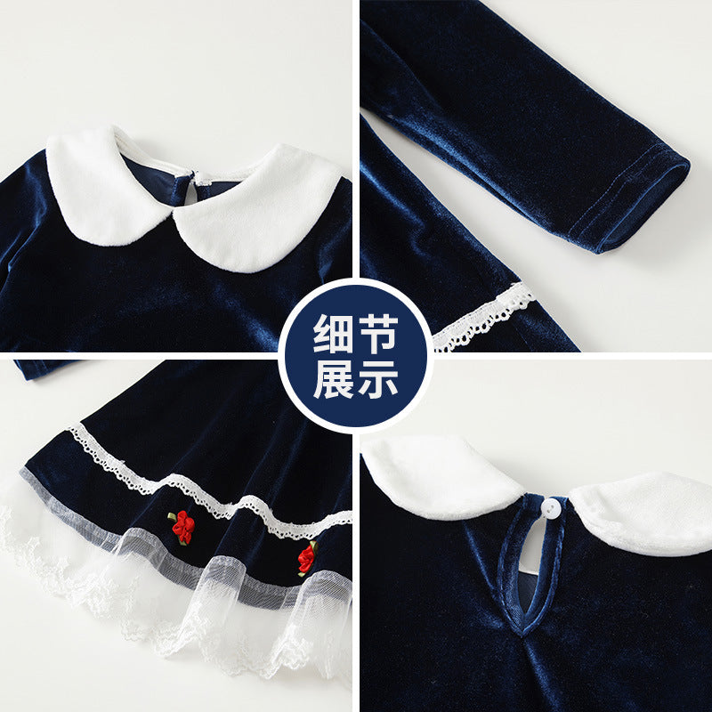Baby girl dress autumn winter new girls' navy style peter pan collar embroidered princess dress first birthday party dress