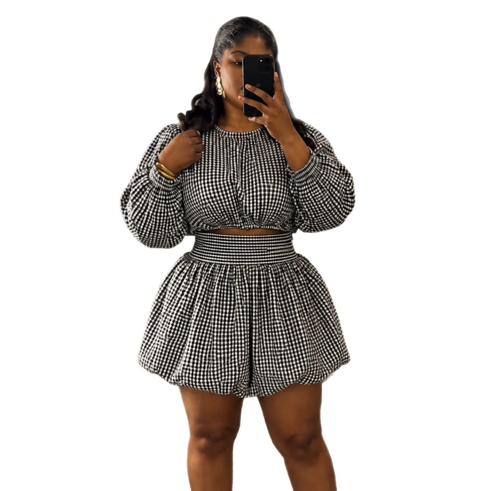 European and american women's clothing  autumn new collection: sweet and fresh round neck lantern sleeve cropped shirt and high-waisted skirt pant two-piece set
