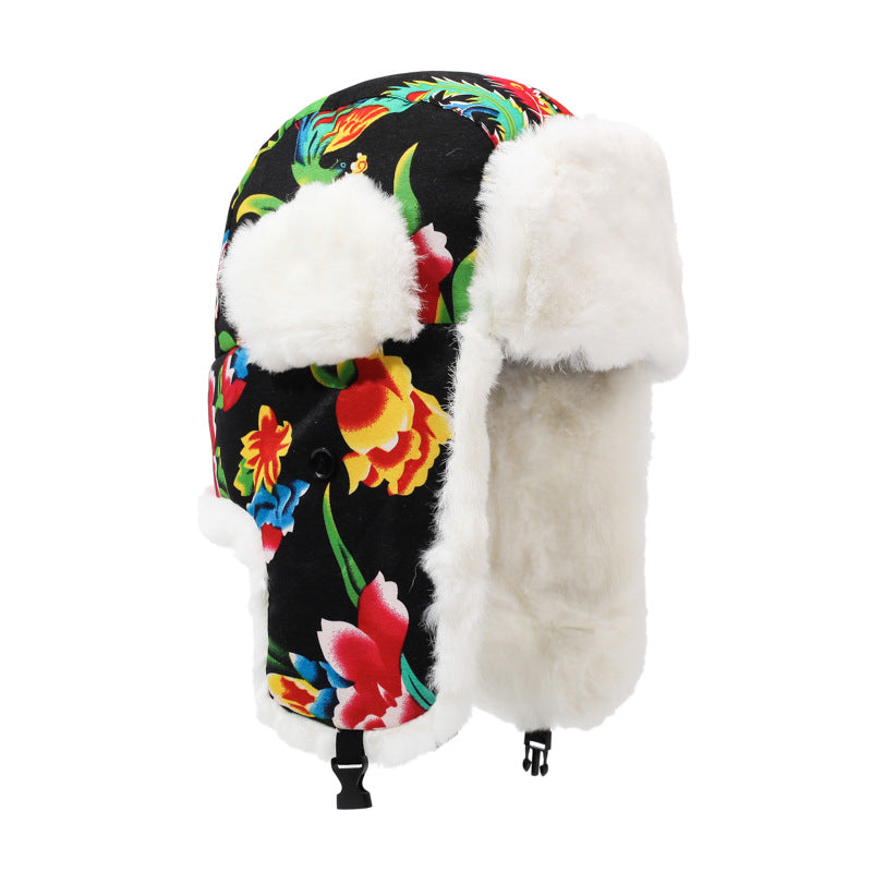 Cross-border imitation rabbit fur winter Lei Feng hat women's trend cotton hat warm ear protection fleece Northeast big old flower cloth youth hat