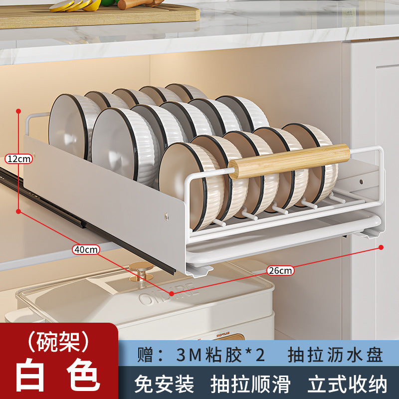 Pull-out dish rack in kitchen cupboard, drawer-type shelf, dish rack, storage rack, pull basket, bowl rack, drain rack