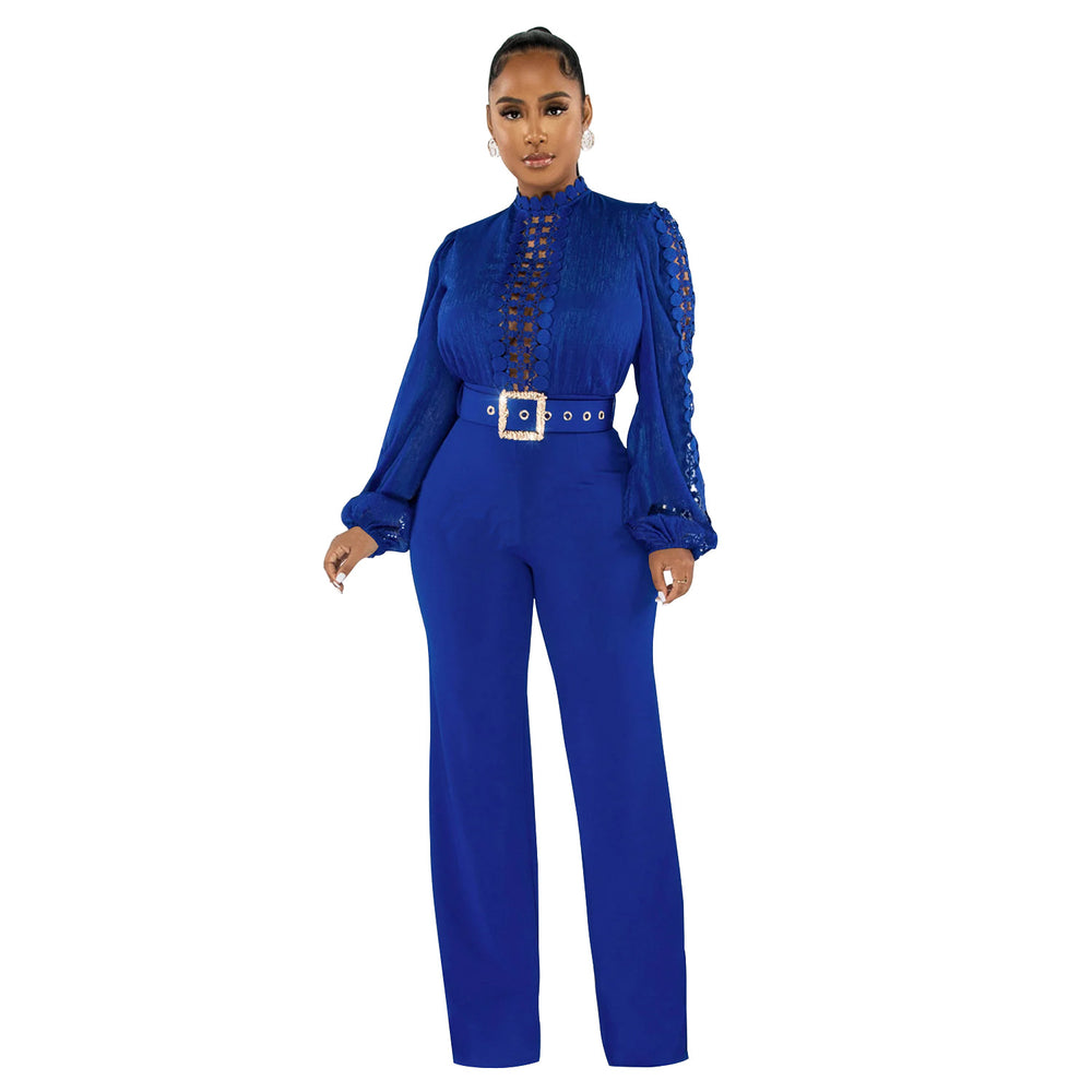 X6345   fashion women's belted lace hollow-out solid color long sleeve jumpsuit
