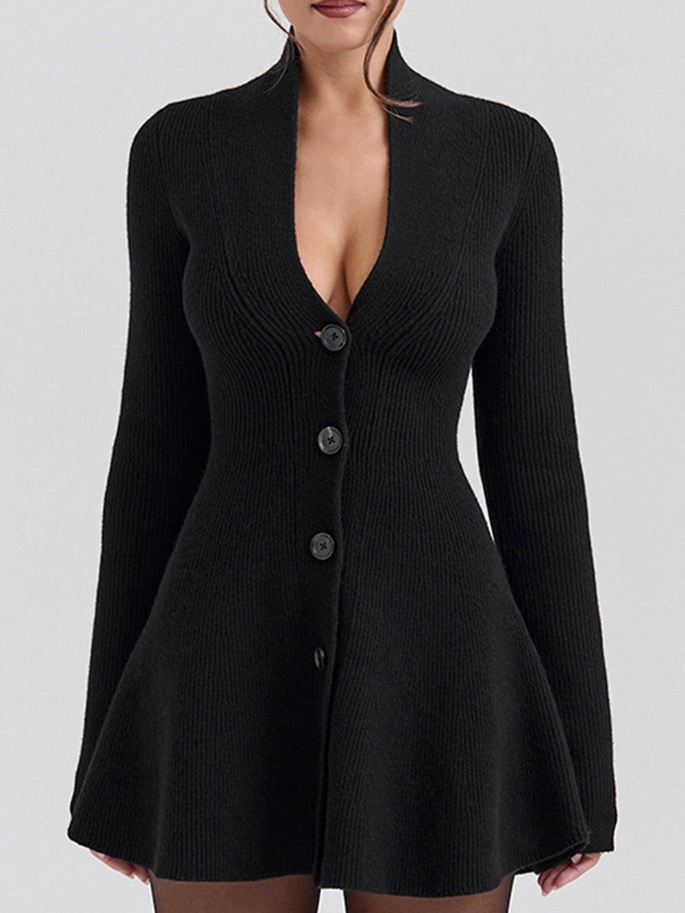 Amazon  fall/winter new women's solid color v-neck single-breasted long sleeve cinched waist sexy knit dress