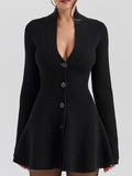 Amazon  fall/winter new women's solid color v-neck single-breasted long sleeve cinched waist sexy knit dress