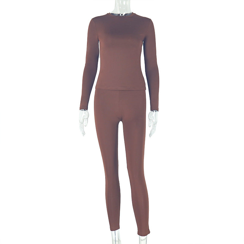 European and american style fashionable versatile women's pleated bodycon solid color pants set - round neck long pants casual trendy two-piece outfit
