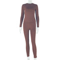 European and american style fashionable versatile women's pleated bodycon solid color pants set - round neck long pants casual trendy two-piece outfit