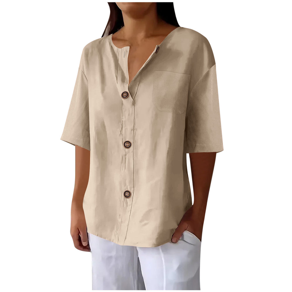 cross-border fashion summer new loose t-shirt women's v neck cotton and linen button tops