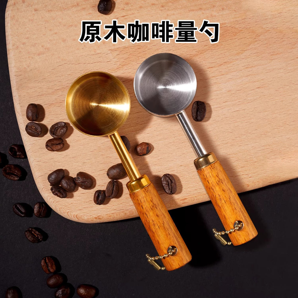 Custom stainless steel & wood measuring spoon - short handle, wall-mountable - ideal for coffee, soy milk, and powder pressing (cross-border)