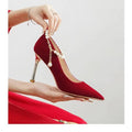Red wedding shoes for women, new spring 2025 collection, pearl chain bridal shoes, xiuhe dress style, chinese high heels