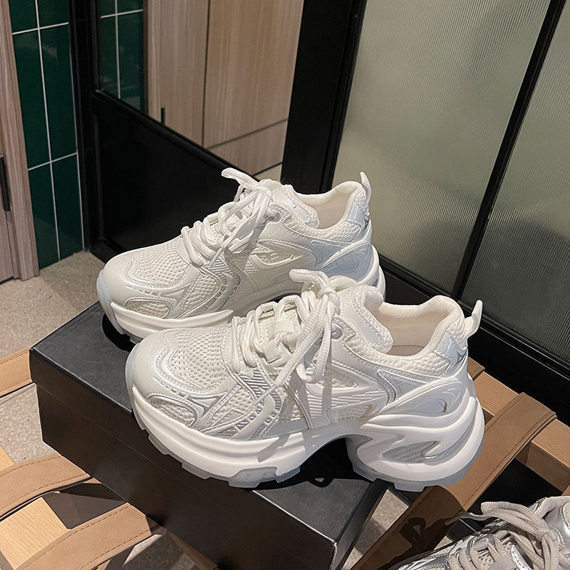 Women's chunky platform mesh breathable silver dad shoes - 2025 summer new fashion, height increasing, versatile casual sneakers
