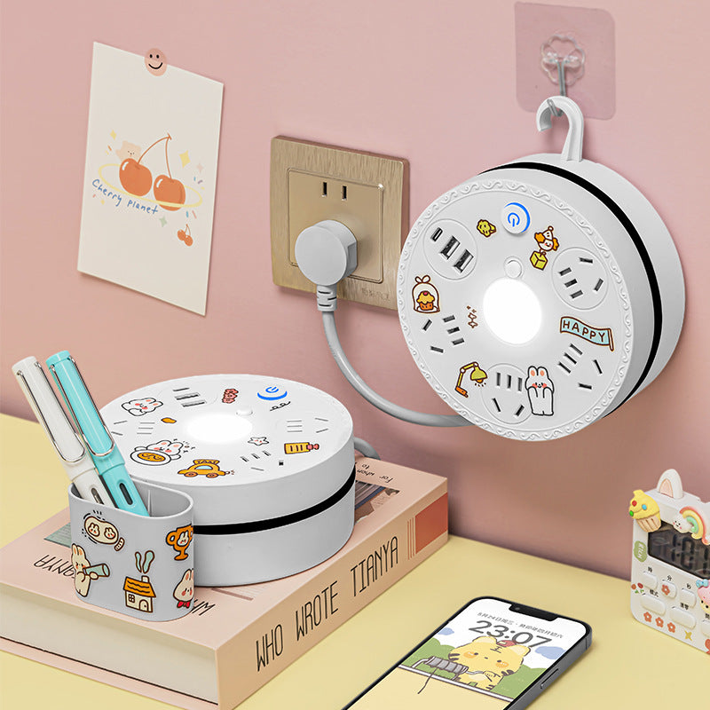 Multi-outlet power strip panel with storage, multi-port socket, home/dorm use, computer-safe, retractable extension cord