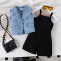 new arrivalsummergirl lapel denim vest matchingpure color suspender one-piece shortstwo-piece setsuit