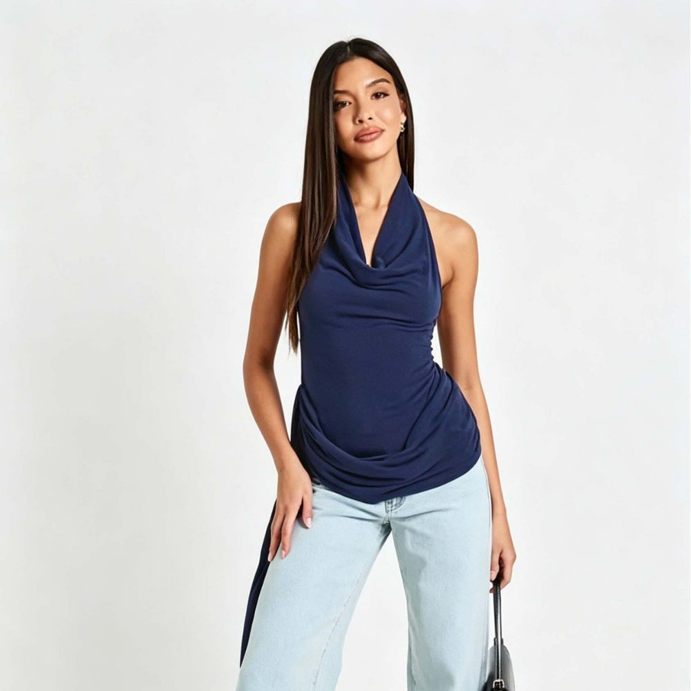 women's summer halterneck backless sleeveless top, featuring side ties, ruched waist, slimming fit, and a spicy girl vibe