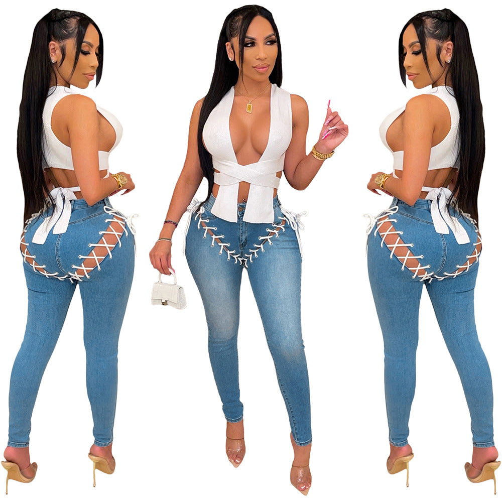 S390231 cross-border fashioncasual ripped jeansfashionstylish eye strap denim pants