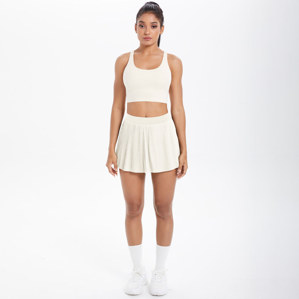Cloud-feel quick-dry breathable anti-exposure undershirt tennis pleated skirt sports bra set for women's running, fitness, and yoga