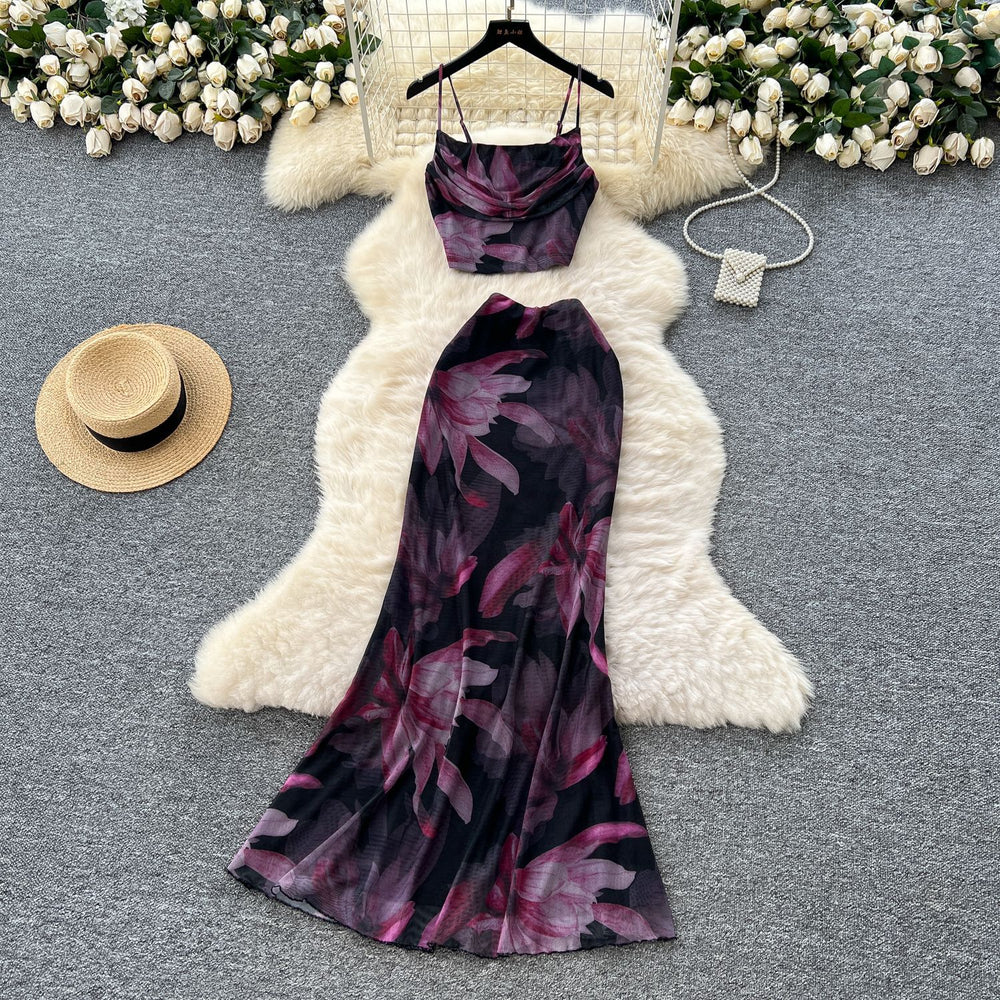 Pure desire suit women's summer classy swing collar suspender printing vest high waist hip cover skirt vacation two-piece set