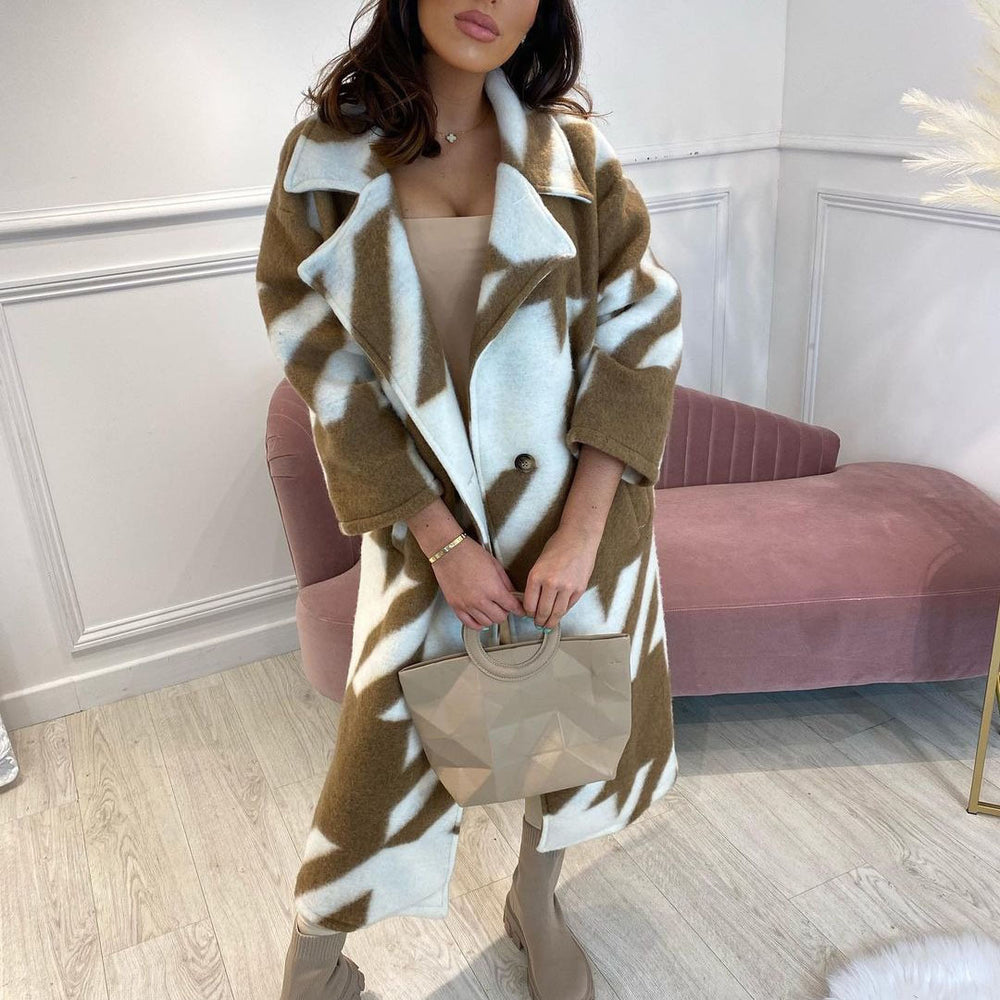 new european and american autumn cross-border women's clothing: various color-blocked fashion long-sleeve turn-down collar outerwear printed woolen coat