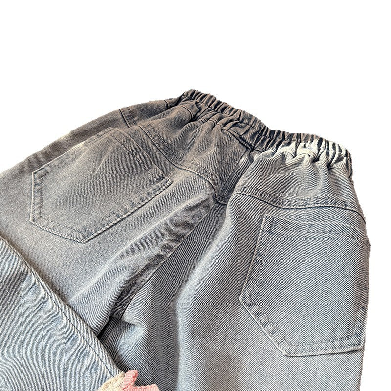 Spring new korean style girls' lace bow denim pants, fashionable and stylish children's trousers, trendy kids' clothing