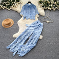 French chic, sophisticated lace cutout short sleeve top and wide-leg pant set - premium summer collection