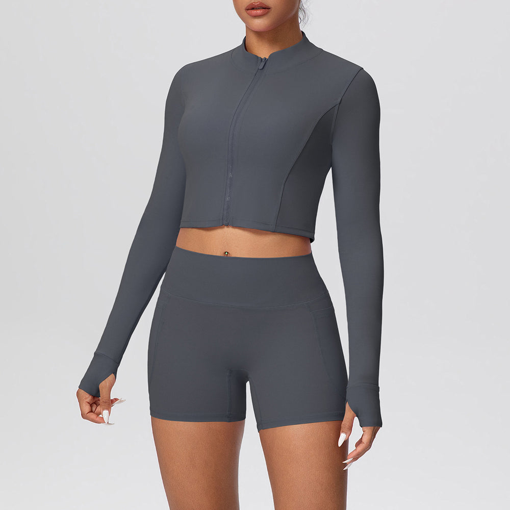 Cloud-feel outerwear short zip-up jacket with butt-lifting pocket shorts, a form-fitting activewear yoga set for women, perfect for running and fitness