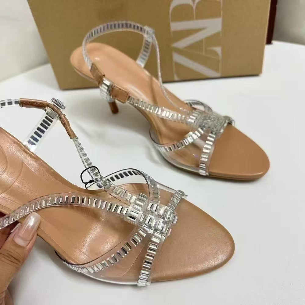 Silver open-toe rhinestone clear wine glass heel roman sandals - women's sexy fairy wind crystal high heels - niche design