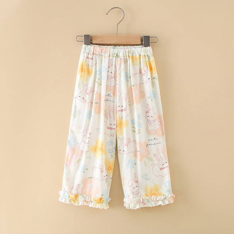 Girls' rayon summer lightweight pajama pants - cartoon print, loose fit, breathable, can be worn outdoors, cropped length