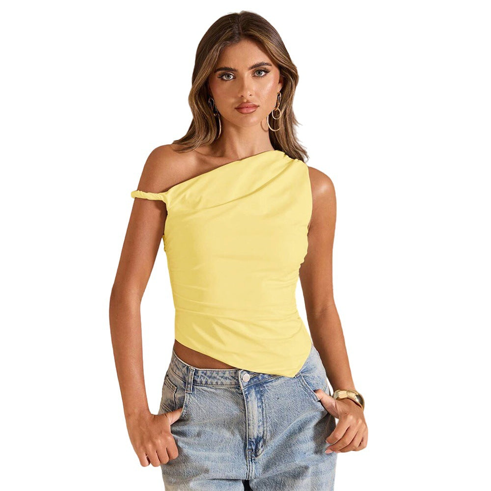 European and american cross-border fashion: fresh and vibrant one-shoulder asymmetrical cut top with ruched detailing - slim fit and figure-flattering