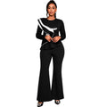 European and american color block ruffle trim long sleeve slim fit top and flare pant two-piece set